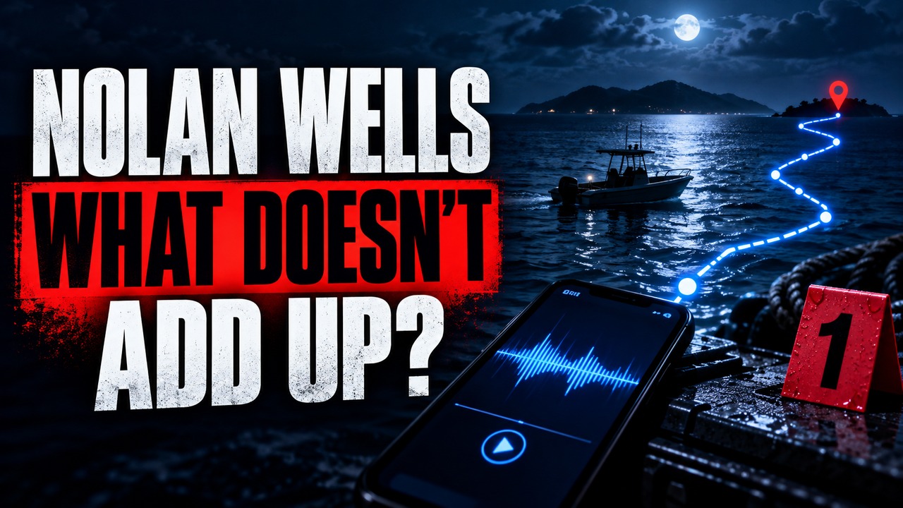 Illustrated evidence board for the Nolan Wells story, showing a boat, GPS route and audio waveform
